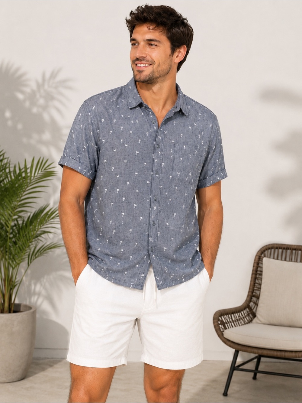 Urban Man Men’s Blue Palm Tree Print Button-Up Shirt XL Tropical Short Sleeve